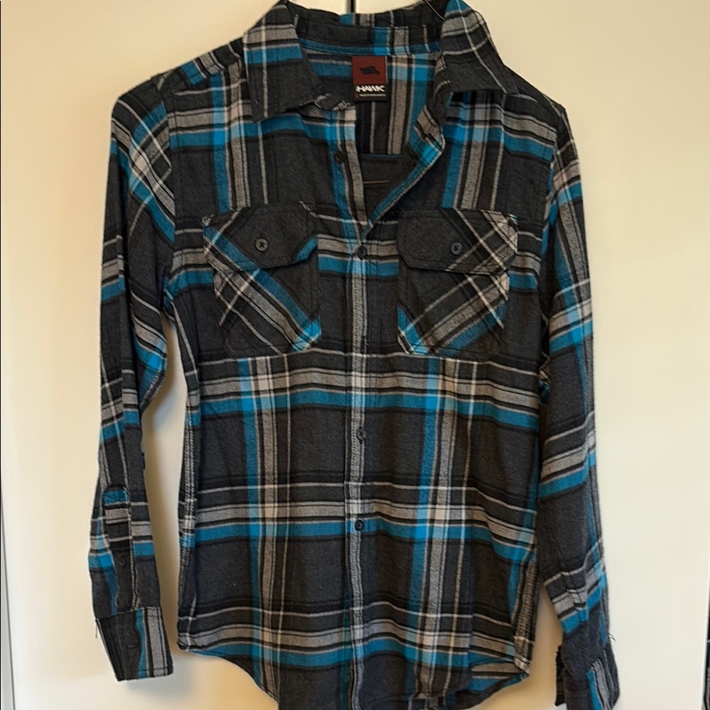 Tony Hawk Charcoal and Teal Plaid Button-Up Shirt
